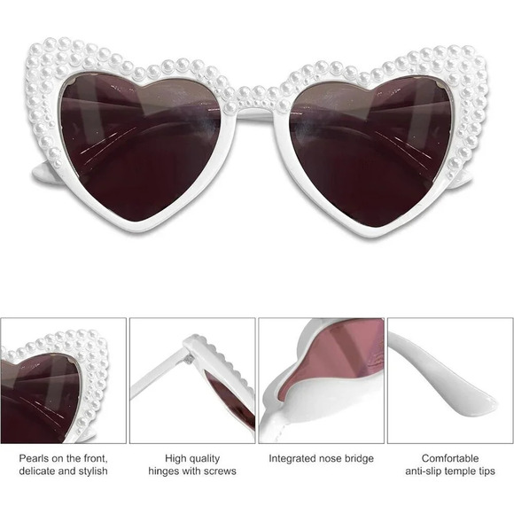 ❤️Women White Sunglasses, Pearl Heart  for Bride,Bridal Shower Accessory, - Picture 4 of 7